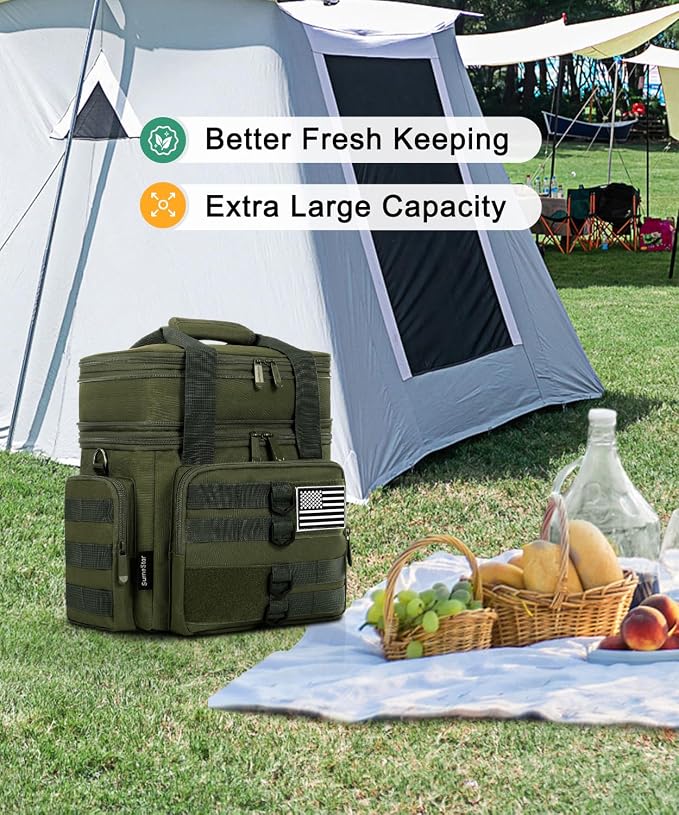 Tactical Lunch Box for Men, Large Insulated Lunch Bag for Adult, Heavy Duty Double Deck Expandable Lunch Cooler Bag with American Flag, Leakproof Soft Lunch Pail for Work Office Camping - Green