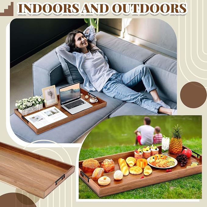 Blushtier 40 x 20 Inch Wood Serving Tray Extra Large Ottoman Tray with Handle Oversized Rectangle Extra Long Vintage Decorative Platters for Kitchen Food Beverage Fruit Snack Tea Coffee Table Decor