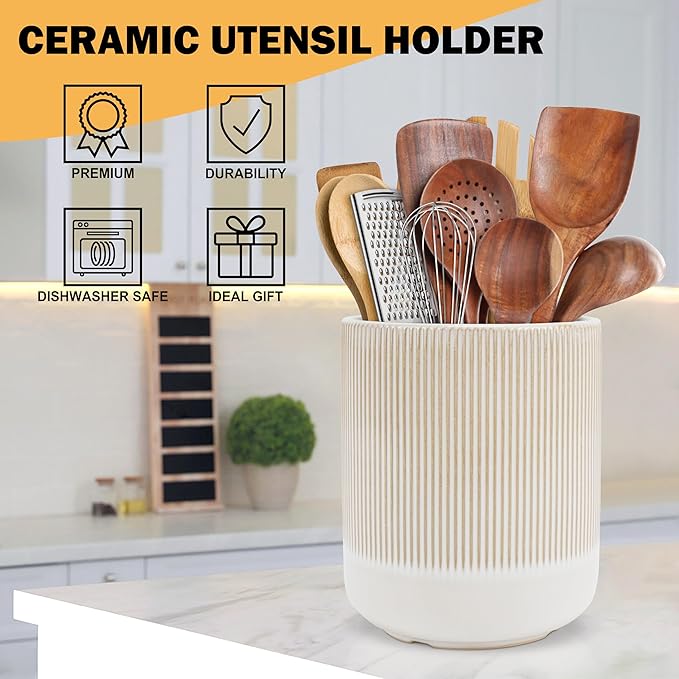RedCall Kitchen Utensils Holder Large,Ceramic Utensil Organizer for Countertop,Morden Utensil Crock for Spoon Spatula,Home Kitchen Decor (Light Coffee)
