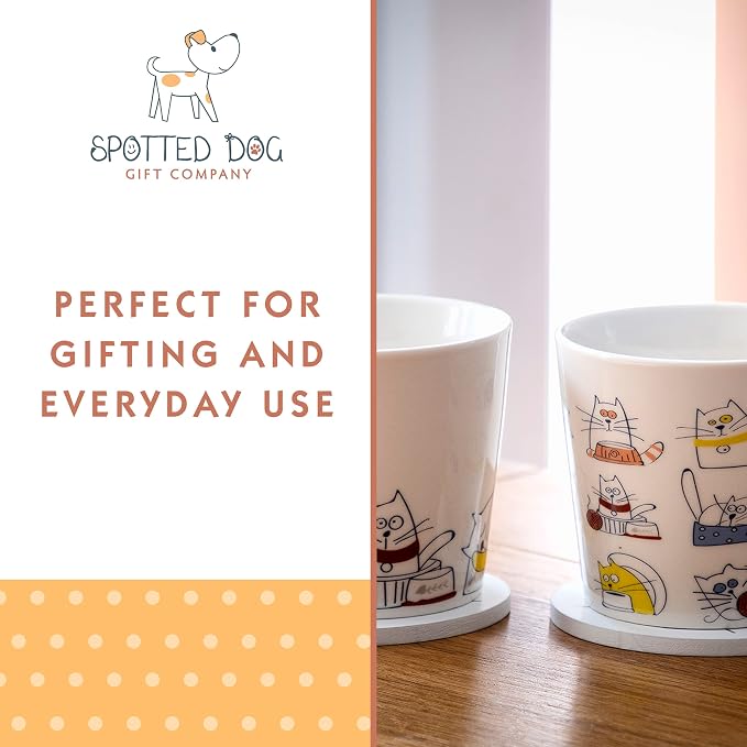 SPOTTED DOG GIFT COMPANY Cat Mugs, 13 oz Coffee Mug Set of 4, Funny Cartoon Cats Themed Ceramic Tea Cups, Microwave & Dishwasher Safe, Cute Cat Gifts for Women and Animal Lovers