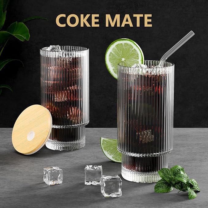 CWHHRN 16 OZ Glass Cup with Lid and Straw, Vintage Ribbed Glassware for Whiskey Cocktail Beer, Iced Coffee Cups with Lid, Glass Tumbler with Straw and Lid (1 PACK)
