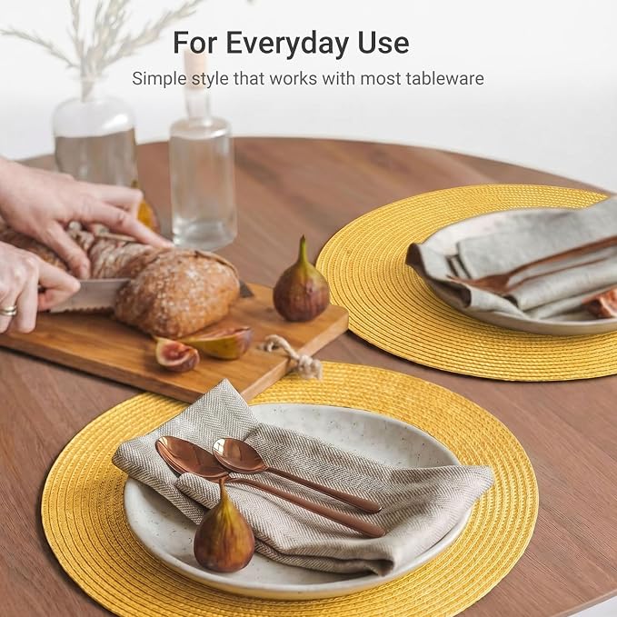 FunWheat Round Braided Placemats Set of 6 Table Mats for Dining Tables Woven Washable Non-Slip Place mats 15inch for Spring(Yellow, 6pcs)