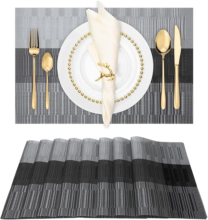 Winknowl Placemats Set of 8, Heat Resistant Non-Slip Vinyl Woven Table Mats for Dining Table, Washable Durable Elegant Place Mats for Kitchen Indoor/Outdoor Use (Black)