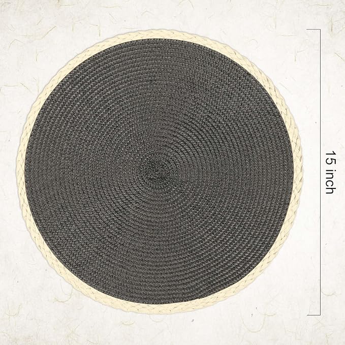 Noctiflorous Braided Round Placemats Set of 6, 15 Inch Woven Table Mats, Non-Slip Washable Thin Edge Place Mats for Kitchen Dining Table Decor (Dark Gray, 6)