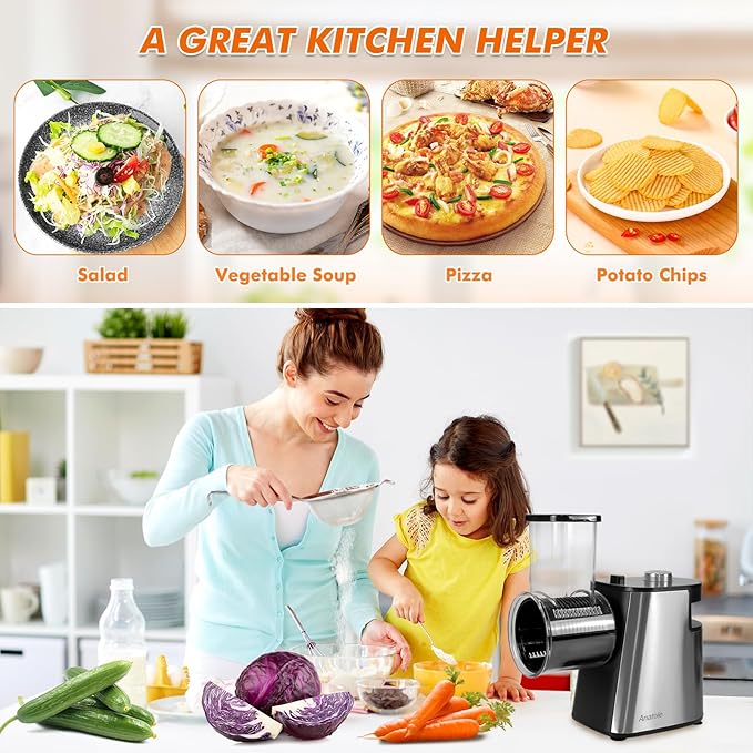 Anatole Electric Cheese Grater Stainless Steel Vegetable Shredder 6 Blades 250W Large Inlet Outlet BPA-Free 110V