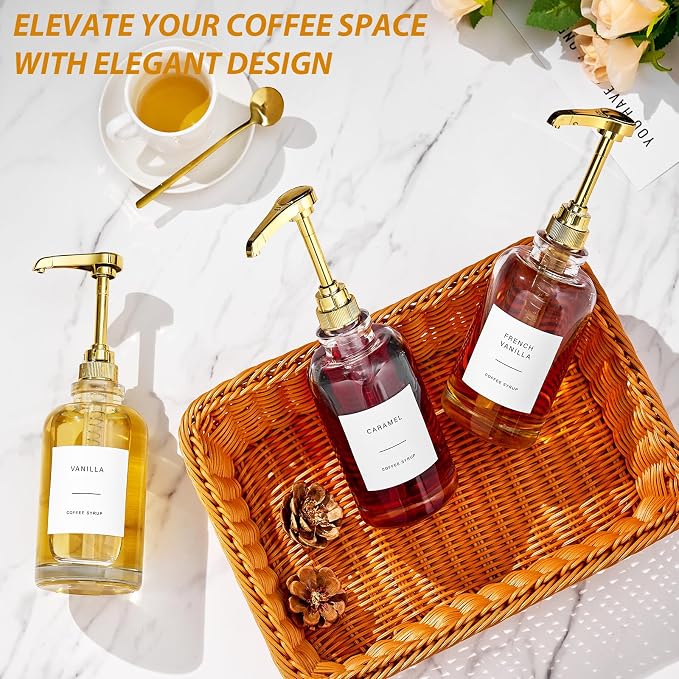 Coffee Syrup Dispenser for Bar, Glass Syrup Bottle with Pump, Coffee Pump Dispenser Bottle, Spoon for Station,16.9 oz, 500 ml