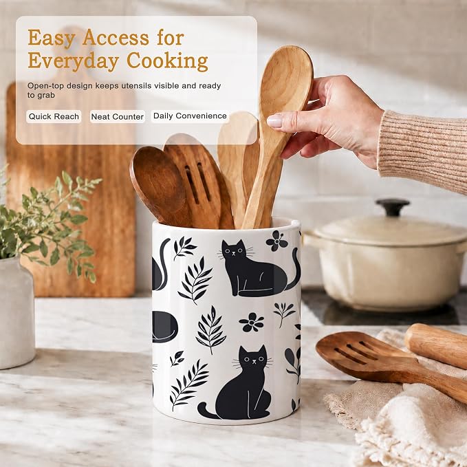 Funny Black Cat Utensil Holder for Countertop,Flowers Plants Ceramic Utensil Crock Organizer for Home Kitchen Spoons,Spatulas and Cooking Tools
