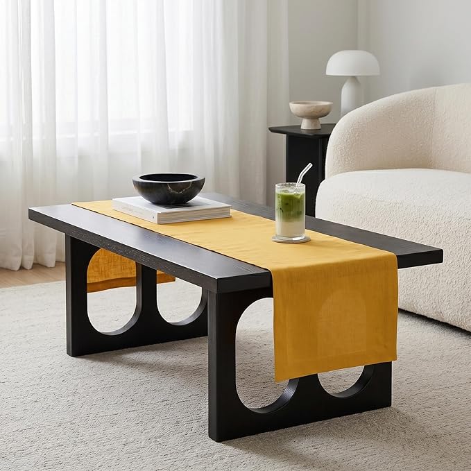Solino Home Linen Mustard Yellow Table Runner 60 Inches - 100% Pure Linen Farmhouse Short Table Runner 14 x 60 Inch Ideal for Dresser and Coffee Tables, Spring, Summer - Fete