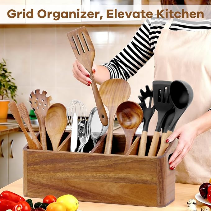 Wooden Kitchen Utensil Holder Countertop, Wooden Cooking Utensil Holder | Wood Kitchen Utensil Organizer 4 Compartments, Countertop Spoon HolderDecor
