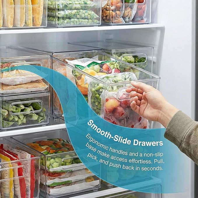 Transparent plastic storage box with lid and handle, stackable kitchen organizer for refrigerator, cabinet, pantry, bathroom, and office (Transparent color (with lid), XL)