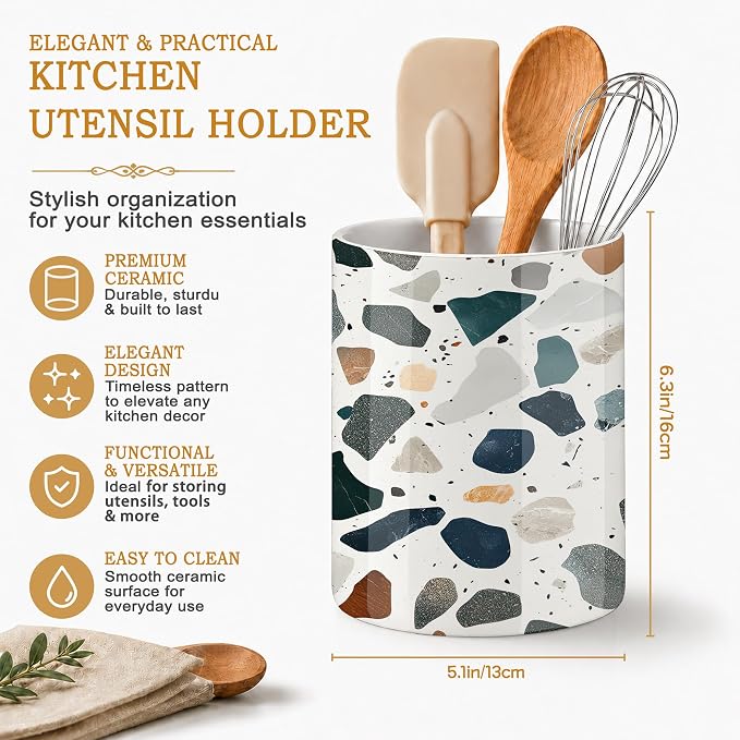 Kitchen Utensil Holder,Terrazzo Colorful Stone Ceramic Utensil Crock for Countertop,Cooking Tools Storage jar for Spatulas and Spoons,Housewarming Gifts 6.3"