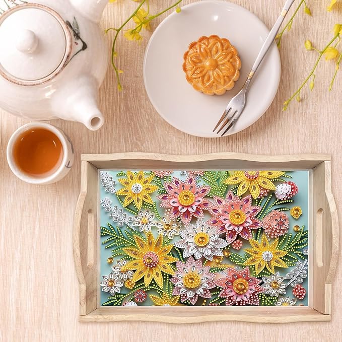 BAYUNOE 2Pcs DIY Diamond Serving Tray Rectangular Breakfast Tray with Handle Handmade Diamond Art Painting Wooden Tray Spring Creative Dinner Plate Coffee Room Living Home Organizer-02