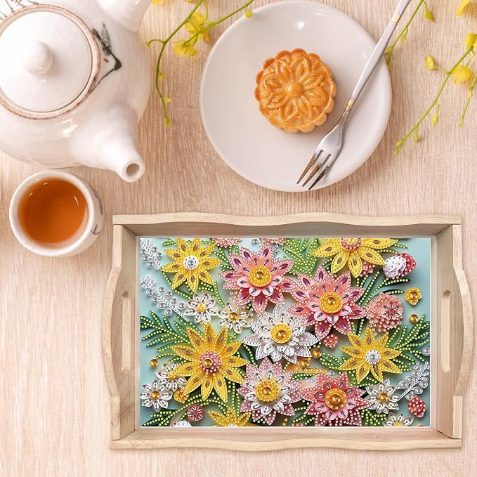 BAYUNOE DIY Diamond Serving Tray Rectangular Breakfast Tray with Handle Handmade Diamond Art Painting Wooden Tray Spring Creative Dinner Plate Coffee Room Living Home Organizer-Flower
