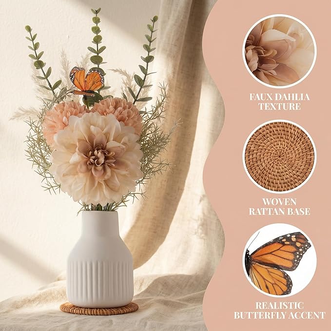 Small Fake Flowers in Vase 14" Centerpiece Table Decorations Silk Flowers Arrangements Ceramic Vase Dahlia Chrysanthemum Artificial Flowers Bouquet for Bathroom Dining Room Kitchen Wedding (White)