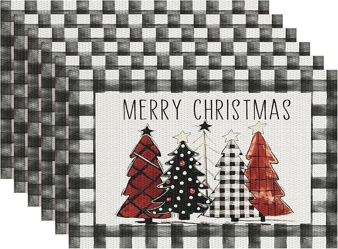 Aofmee Christmas Placemats Set of 6, Washable Christmas Place Mats for Kitchen Dining Table, Indoor/Outdoor Woven Vinyl Christmas Table Mats, Non-Slip Heat Resistant Holiday Placemats Easy to Clean