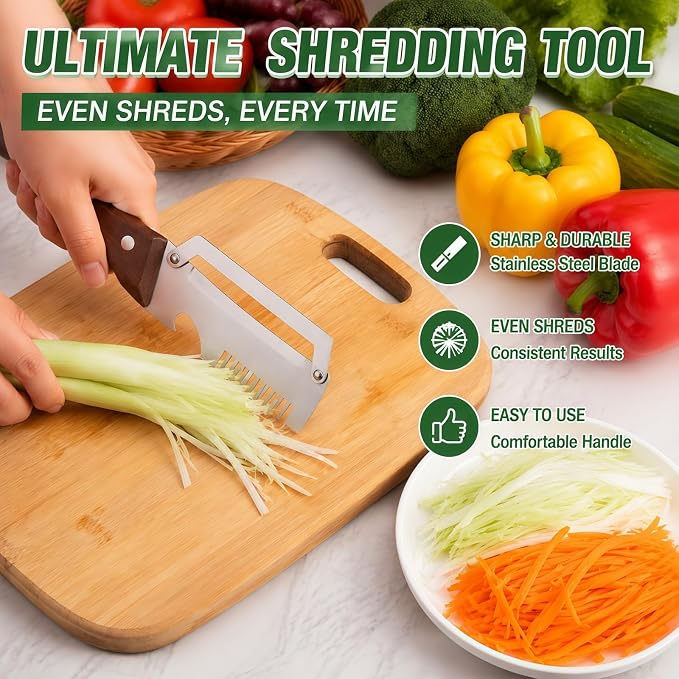 3-in-1 Vegetable Peeler with Scallion Shredder & Bottle Opener – Wide Stainless Steel Blade, Wooden Handle Julienne Cutter, Multi-Functional Kitchen Gadget for Home, Camping, Travel