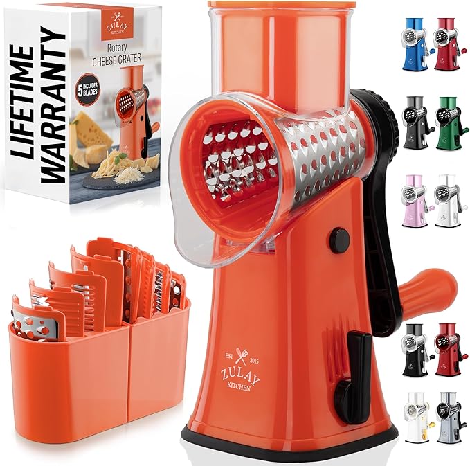 Zulay Kitchen Rotary Cheese Grater 5 Blade Cheese Shredder - Manual Hand Crank Cheese Grater With Reinforced Suction & 5 Interchangeable Drums - Easy to Use, Vegetable Chopper Round Mandoline Slicer