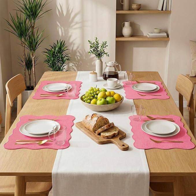 AHHFSMEI Linen Placemats Set of 8 Heat Resistant Non-Slip Stain Proof Table Mats for Kitchen Dining Elegant Decor Place Mats (Pink 8)