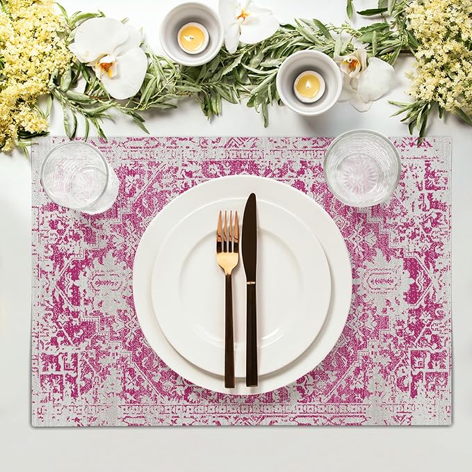 Gray Hot Pink Boho Placemats Set of 4 Ethnic Bohemian Carpet Place Mats Washable Kitchen Dining Vintage Grey Geography Floral Linen Table Mats Stain Heat-Resistant for Home Party Indoor 12x18 in