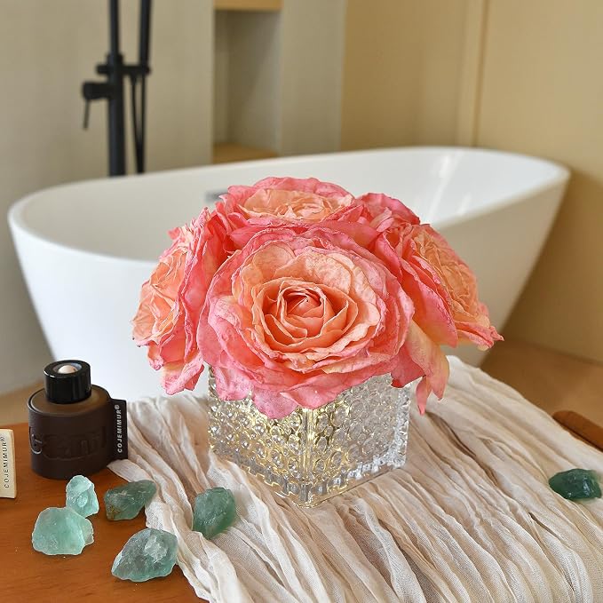 Artificial Rose in Glass Vase Vintage Silk Flower Arrangement with LED Light for Table Centerpiece Home Wedding Decoration (Coral Pink)