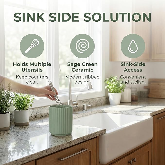 Small Utensil Holder for Kitchen Counter (H5.51” x W4.92”) Ceramic Countertop Utensil Holder for Kitchen Utensils Crock for Countertop Includes Silicone Drying Mat Light Cadetblue