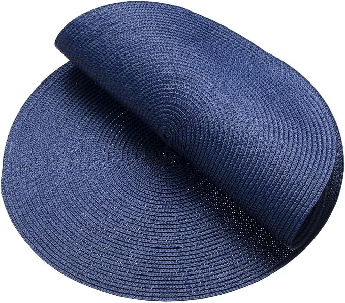 AHHFSMEI Round Placemats Set of 6 Heat Resistant Washable Non-Slip Woven Braided Table Mats for Dining Table Kitchen & Home Decor (Navy Blue)