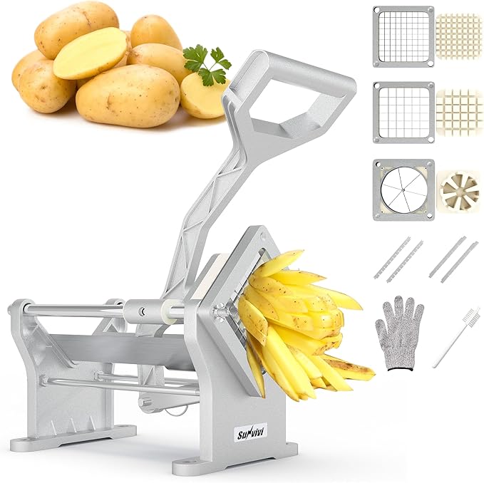 Commercial French Fry Cutter with 1/2 Inch & 3/8 Inch Blade and 6-wedge Slicer, Heavy Duty Potato Slicer, Stainless Steel Potatoes Cutter for Potatoes, Carrots, Cucumber, Onion, Yam