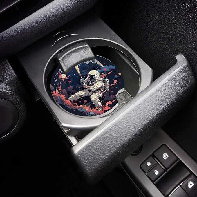 Car Coasters for Cup Holders 2.6" Dia Absorbent Coasters Set of 6 Car Interior Accessories for Women Men Ceramic Car Coaster for Drinks with Finger Grooves,Watercolor Astronaut Baseball Theme Black