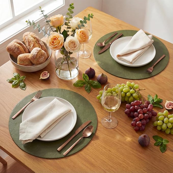 Artoid Mode Olive Green Faux Leather Placemats Set of 12, 15 Inch Waterproof Wipeable Heat Resistant Vinyl Place Mats, Reversible Table Mats for Kitchen Dining Decor