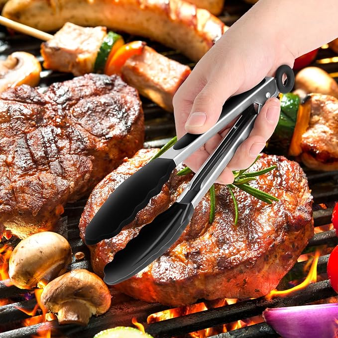2 Pack Black Premium Stainless Steel Heat Resistant Kitchen Tongs for cooking,set of 9" and 12",Non Scratch Silicone cooking Tong Tip for Cooking Pans,Strong Grip BBQ tongs for Grabbing Hot Food