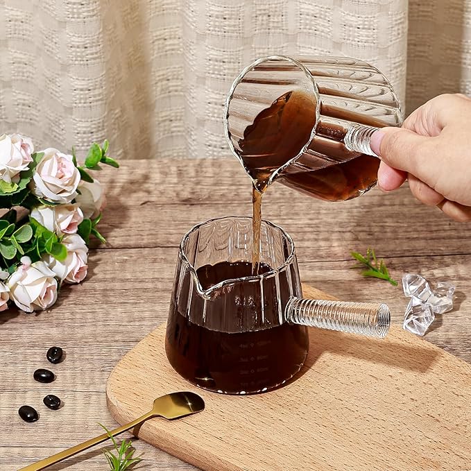 Koythin Glass Measuring Cups, Ribbed Espresso Shots Cup for Latte Cappuccino Milk, Minimalist Espresso Cups with V-Shaped Spout, Cute Coffee Bar Accessories with Glass Handle, 3 oz/180 ml (Tapered)