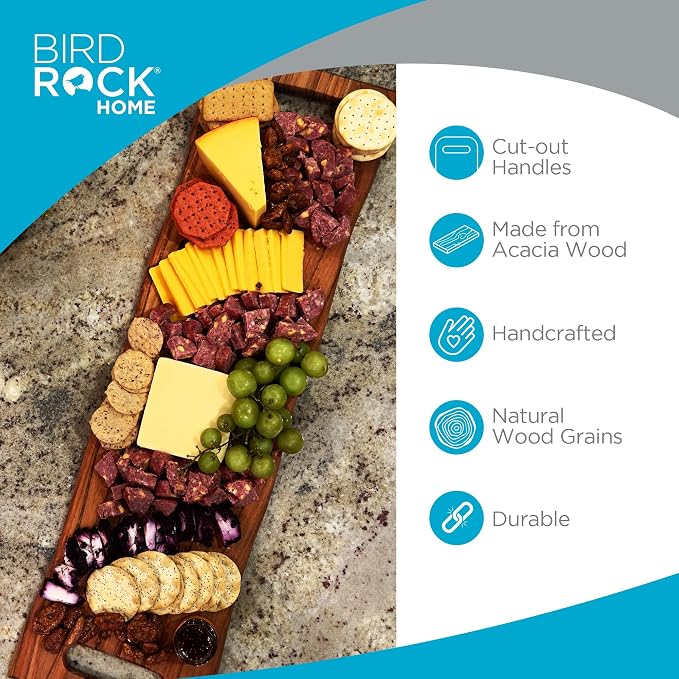 BIRDROCK HOME 27.5" Large Charcuterie Board with Handles | Wooden Cheese Serving Platter for Meat, Appetizers, Food | Grazing Bread Fruit Display for Kitchen | Natural Acacia Wood | Espresso