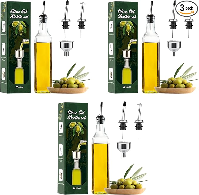 AOZITA Glass Oil Dispenser Bottle, 500ml | Pack of 3 | Includes Pourers and Funnel | Clear Design | For Kitchen
