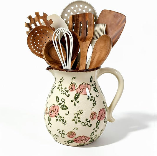Ceramic Utensil Holder for Kitchen Counter, 6.1 Inch Modern Farmhouse Rustic Cooking Utensil Holder for Countertop Home Decor, Vintage Utensil Organizer Crock for Cooking & Spoon Tools (Red Rose)