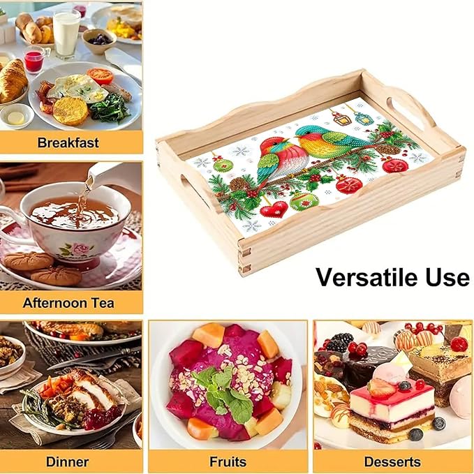 BAYUNOE DIY Diamond Serving Tray Christmas Rectangular Breakfast Tray with Handle Handmade Diamond Art Painting Wooden Tray for Dinner Plate Coffee Room Living Home Organizer-Colorful Bird