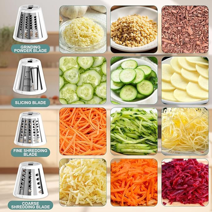 Slicer Shredder Attachment for KitchenAid Stand Mixer, Cheese Grater Attachment for Kitchenaid, Salad Maker, Grinding Powder, Dishwasher Safe with 4 Blades, White