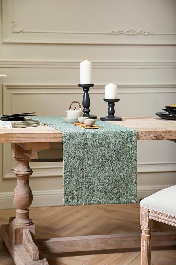 ZeeMart Burlap Style Farmhouse Table Runners 90 Inches Long, Green Rustic Woven Dining Table Runner for Everyday Use, 14x90 Inches, Mineral Green