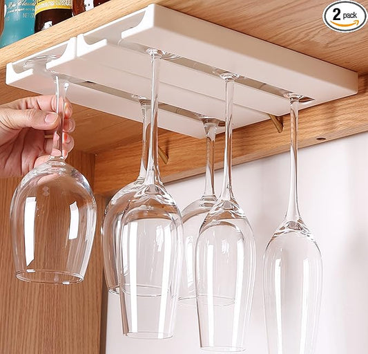 runruii Wine Glass Holder Under Shelf Cabinet Wine Glass Rack Plastic Stemware Rack Glassware Drying Storage Hanger for Kitchen,Bar and Restaurant (White-2Pack)
