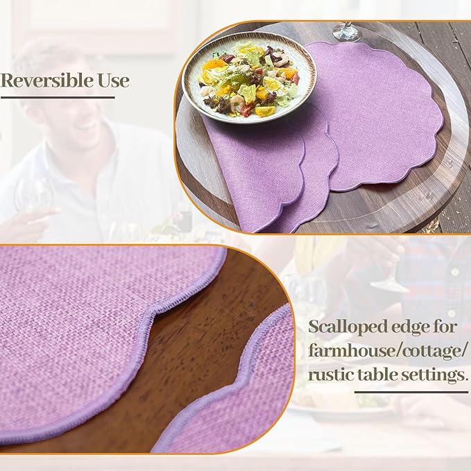 AHHFSMEI Round Faux Linen Placemats Set of 6 Heat Resistant Non-Slip Stain Proof Table Mats for Kitchen Dining Elegant Decor Place Mats (6, Purple)