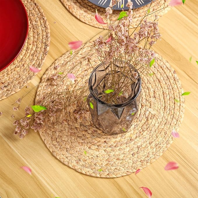 6 Pack Round Woven Placemats,13 inch Plate Chargers Natural Wicker Placemats Water Hyacinth Straw Braided Tablemats Rattan Tablemats Rustic Weave Placemats for Dining Table