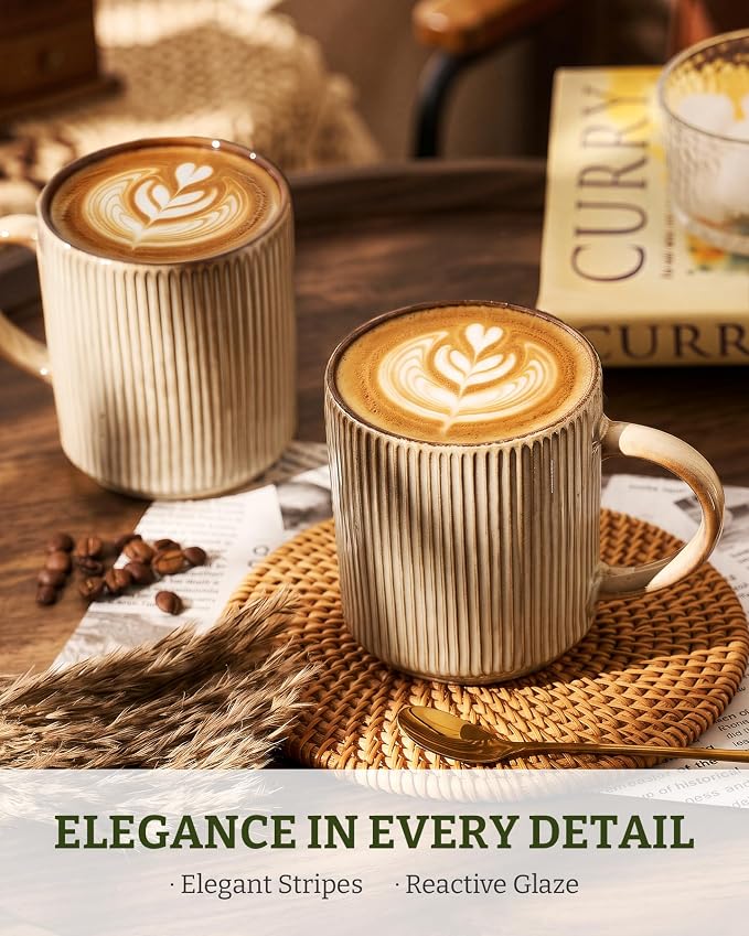 famiware Coffee Mug Set for 6, Star 12 oz Catering Mugs Cup Set with Handle for Coffee, Tea, Cocoa, Milk - Ceramic Stoneware Drinkware Set, Cream Cocoa