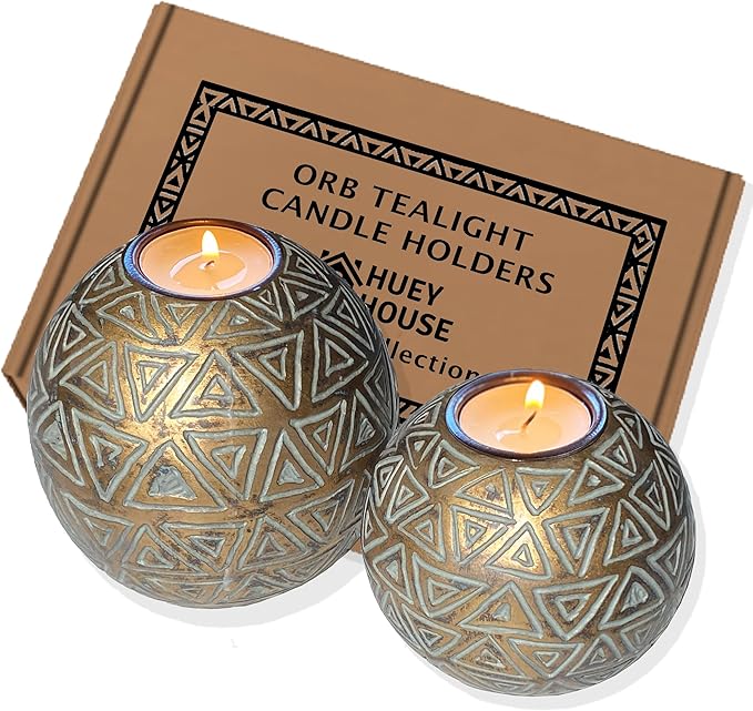 Rustic Gold Orb Tea Light Candle Holders - (Gift Boxed Set of 2 Aurum Collection) Coffee Table Decor (Triangular Pattern, Gold and Gray)