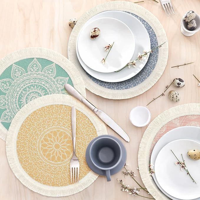 LOMOHOO Set of 4 Round Placemats 13 Inch Table Mats Boho Cotton Woven Mandala Tassels Heat Proof Washable Circle Place Mat for Kitchen Dining Wedding Farmhouse Home Decoration Colorful-4pcs