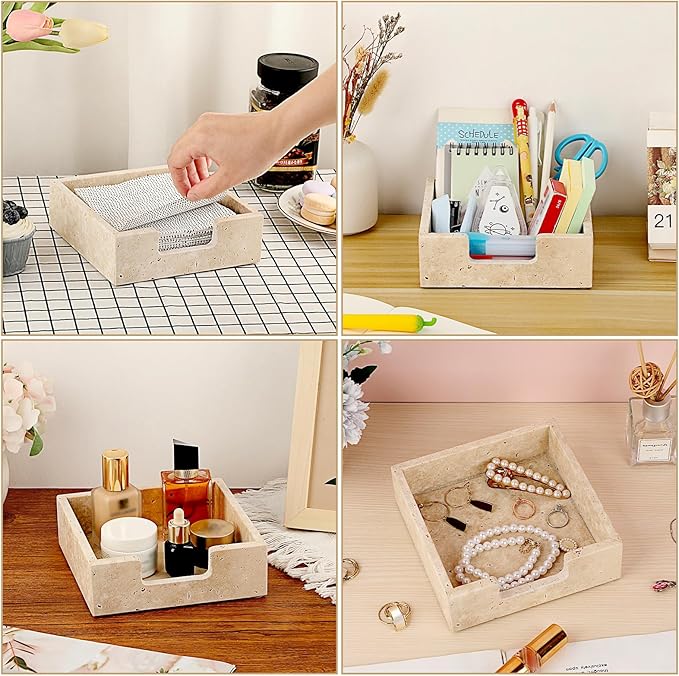 Sumnacon Travertine Cocktail Napkin Holder for Table, 6.2" x 6.2", Square Napkin Holders Small Napkin Tray, Flat Modern Napkin Dispenser for Kitchen, Countertop, Dining Table, Party, Bar