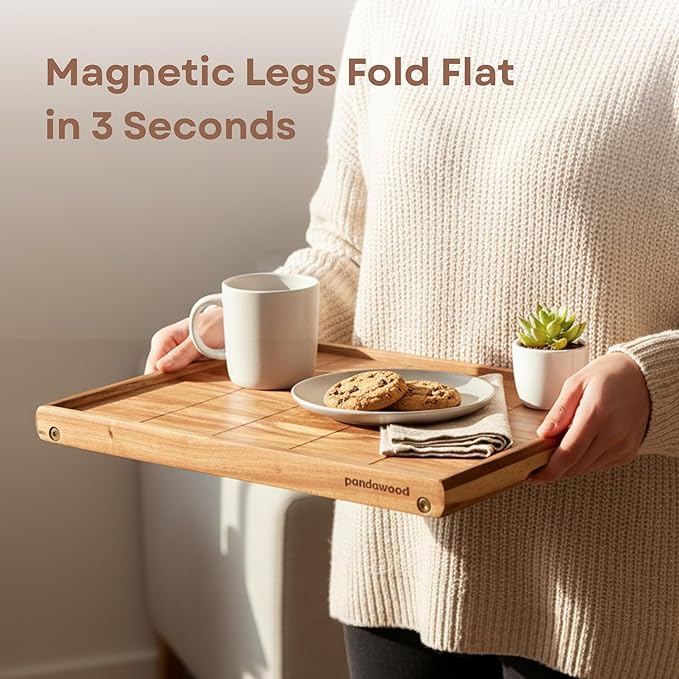 Bed Trays for Eating and Laptops - Acacia Wood Breakfast in Bed Tray with Folding Legs - Large Food Tray for Bed Lap Trays for Eating on Couch Adults - Foldable Wooden Breakfast Trays for Bed 17x13