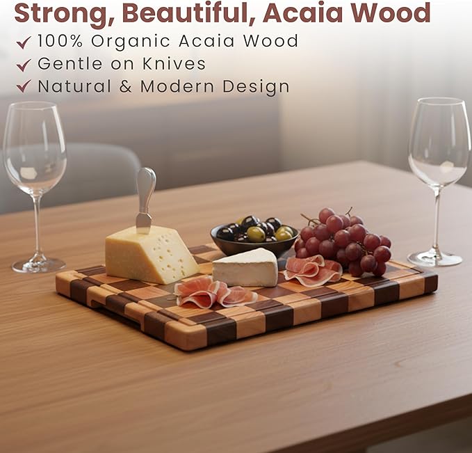 Checkered Cutting Board for Kitchen, Acacia Wood, Butcher Block Chopping Board with Juice Grooves & Handles, Large 16.5"x11.6" Serving Tray & Charcuterie Board, Gift Box Included