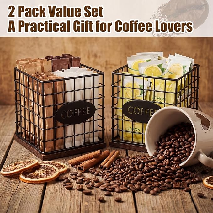 LemonRoad 2 Pack Coffee Pod Holder Organizer Metal Pod Storage Basket with Wood Base Black Large Capacity Capsule Holder for Kitchen Counter Coffee Bar Accessories Office Desk Supplies