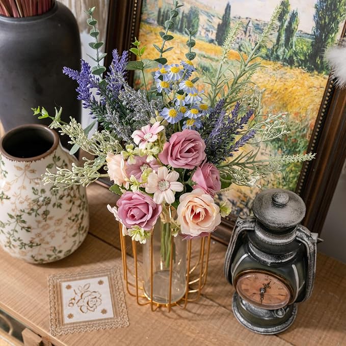 15 Inch Artificial Silk Flowers Bouquet with Roses, Eucalyptus, Baby's Breath, Daisies, Lavender, Sage & Chamomile - Realistic Faux Floral Arrangement for Home Decor Centerpiece