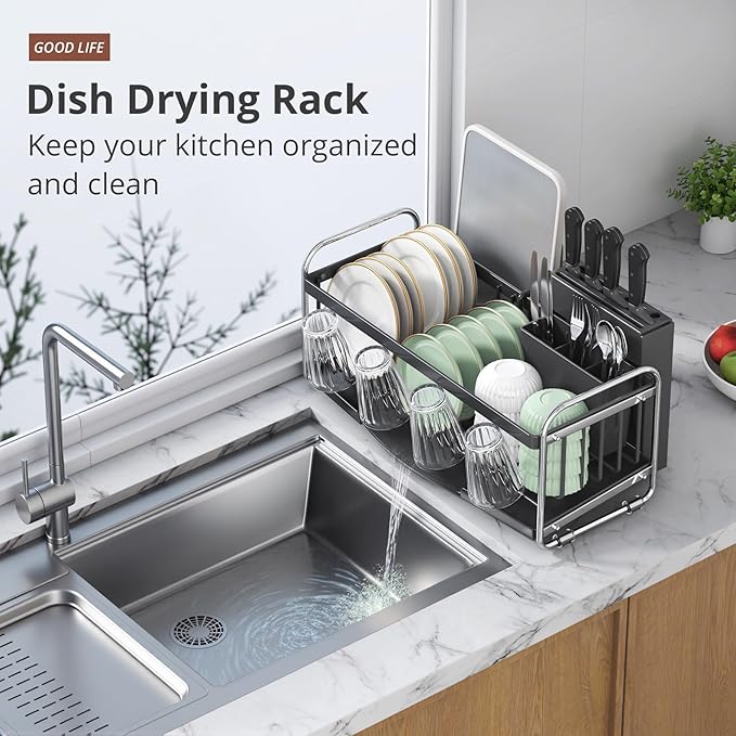 Compact Small Dish Drying Racks for Kitchen Counter - Narrow Metal Dish Drainer Rack with Utensil Holder, Space-Saving Plate Organizer for Sink Storage, Apartment & RV (Grey)