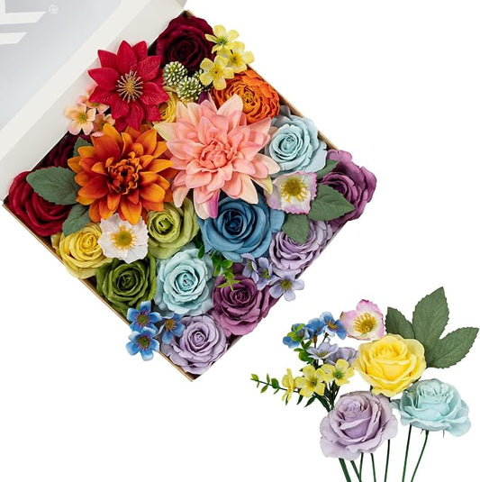 FANKO Artificial Flowers for DIY, Rainbow Multicolor Faux Flowers Bouquet, Colorful Fake Rose Daisy Lily Silk Flowers for Vase, Home Decor, Garland, Wedding, Birthday, Party, Romantic Celebration
